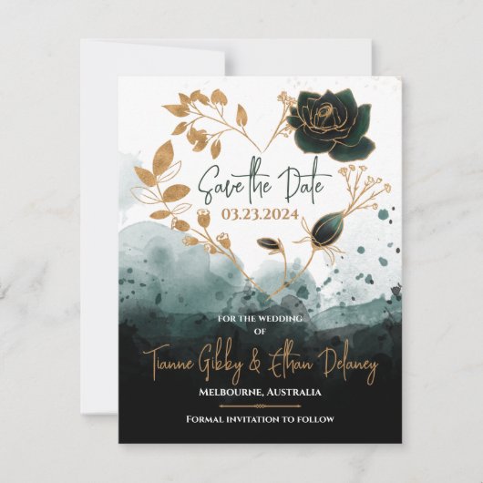 Romantic Green, Gold Roos Heart Save the Date Kaar RSVP Kaartje (Voorkant)