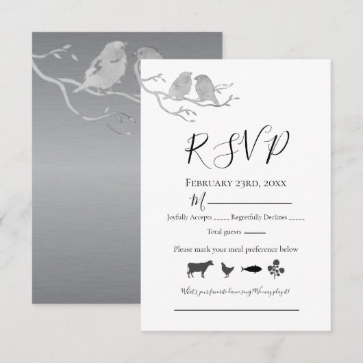 Romantic Grey Waterverf Lovevogels Tree Branch RSVP Kaartje (Voorkant / Achterkant)