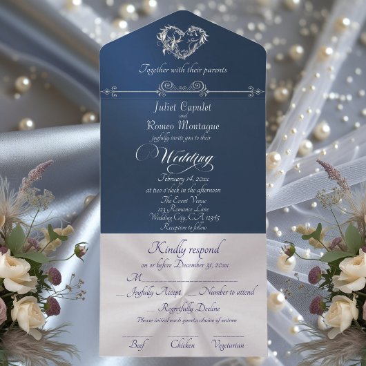 Romantic Heart & Calligraphy - Blue/Silver All In One Uitnodiging