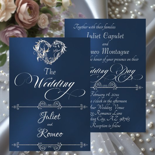 Romantic Heart & Calligraphy on Blue - Wedding Kaart