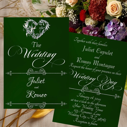 Romantic Heart & Calligraphy on Emerald - Wedding Kaart