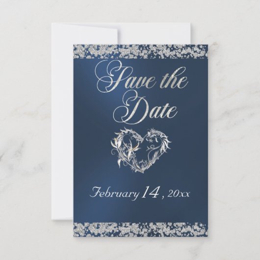 Romantic Heart & Glitter on Blue Save The Date (Voorkant)