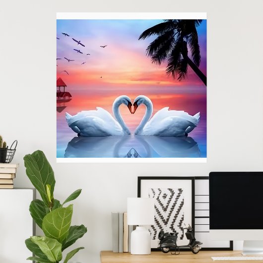 Romantic Heart Swans Tropical Sunset Paradise Poster (Thuiskantoor)