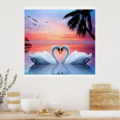 Romantic Heart Swans Tropical Sunset Paradise Poster (Keuken)