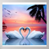 Romantic Heart Swans Tropical Sunset Paradise Poster (Voorkant)