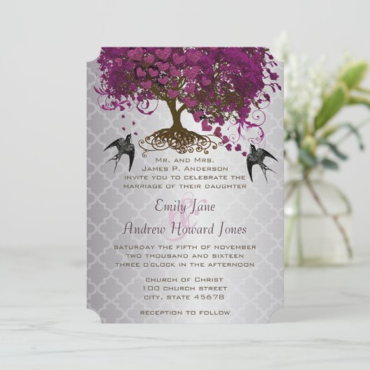 Romantic Hearts Plum Heart Leaf Tree Wedding Kaart (Staand voorkant)