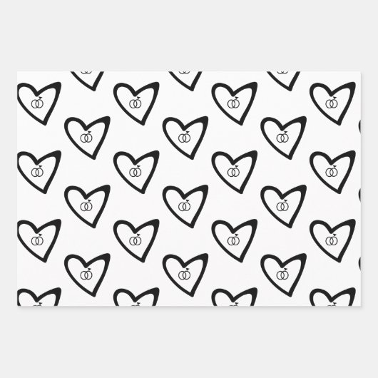 Romantic Hearts Rings Black Pattern Weddenschap Inpakpapier Vel (Voorkant 2)