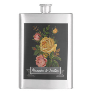 Romantic Heirloom Floral Rozen op zwart Heupfles