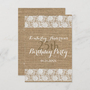 Romantic Lace burlap 25th Birthday Party Flat Card Kaart
