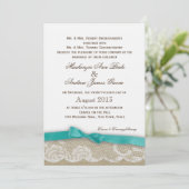 Romantic Lace en Dark Aqua Bow Wedding Kaart (Staand voorkant)