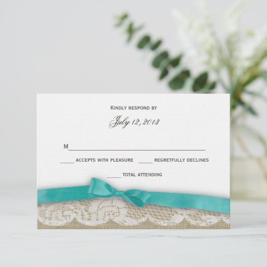 Romantic Lace en Dark Aqua Response RSVP Kaartje (Staand voorkant)