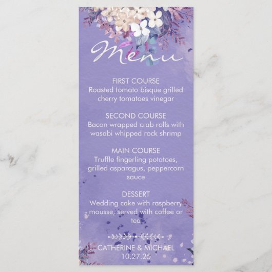 Romantic Lavender Waterverf Floral Spring Wedding Menu (Voorkant)