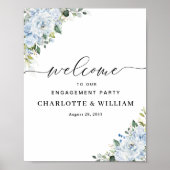 Romantic Light Blue Floral Engagement Party Poster (Devant)
