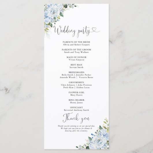 Romantic Light Blue Floral Wedding Program Programma (Achterkant)