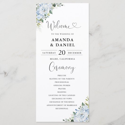 Romantic Light Blue Floral Wedding Program Programma (Voorkant)