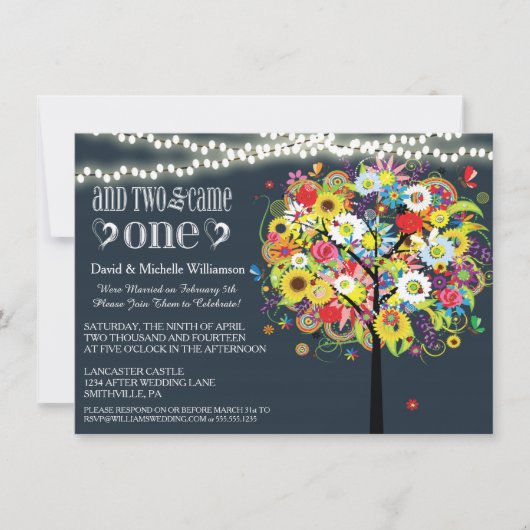 Romantic Lights Whimsical Tree Post Wedding Invite Kaart (Voorkant)