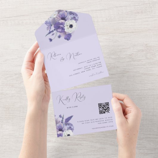 Romantic Lila Lavender Floral Qr Code Weddenschap All In One Uitnodiging (Afscheurbaar)