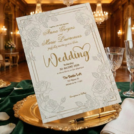 Romantic Line Art Rose Faux Gold Foil Wedding  Kaart