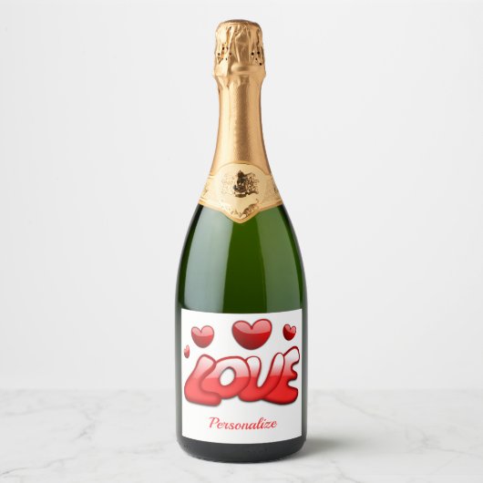 Romantic Love Red Hearts Personalized Sparkling Wijnetiket (Voorkant)