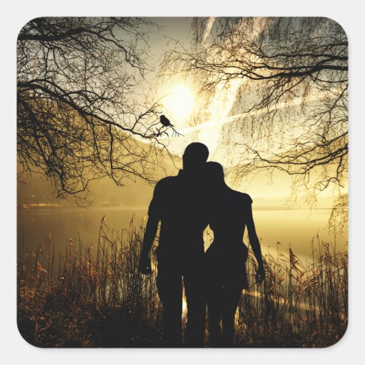 Romantic Lovers Silhouette op Sunset Vierkante Sticker (Voorkant)