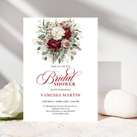 Romantic Maroon & Gold Bridal Shower Invitation