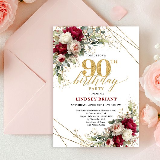 Romantic Maroon Rose Gold 90th Birthday Invitation