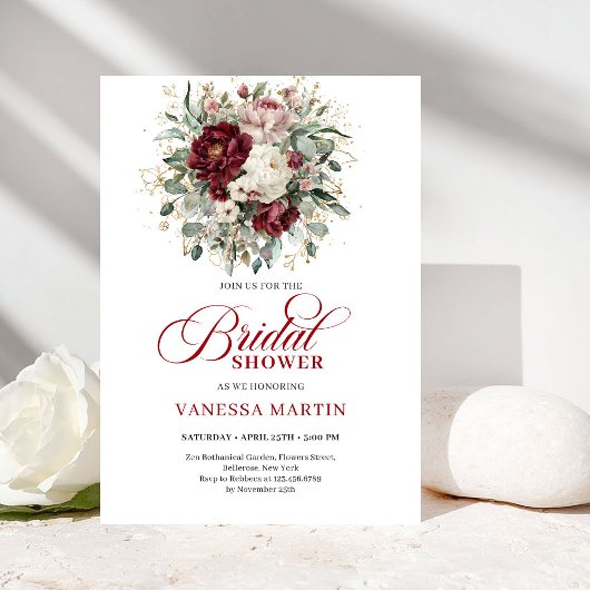 Romantic Marsala & Gold Bridal Shower Invitation