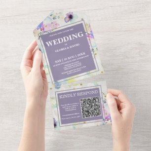 Romantic Mauve Floral QR Code All In One Uitnodiging