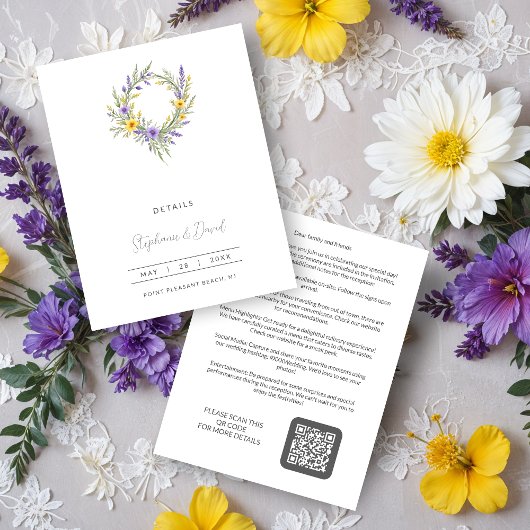 Romantic Minimal Wedding Yellow & Lavender Wreath Informatiekaartje