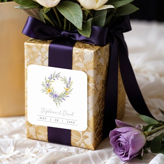 Romantic Minimal Wedding Yellow & Lavender Wreath Vierkante Sticker