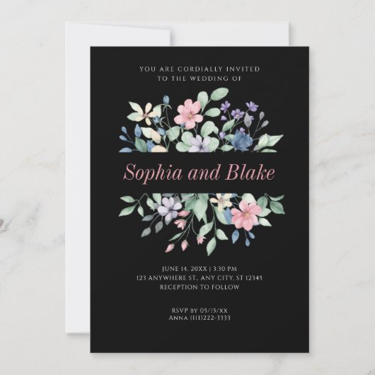 Romantic Modern Wildflower Black Wedding Kaart (Voorkant)