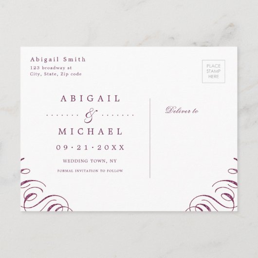 Romantic Moody plum kalligrafie bespaart de datum Aankondigingskaart (Achterkant)