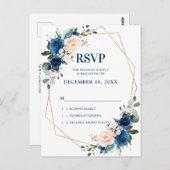 Romantic Navy Blue Blush Botanical Geometric RSVP Briefkaart (Voorkant / Achterkant)