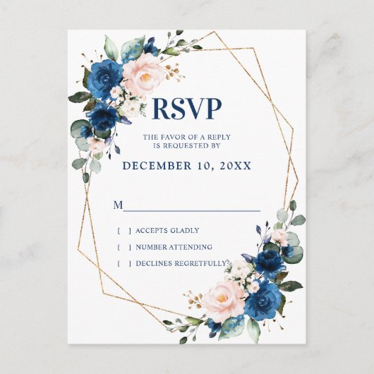 Romantic Navy Blue Blush Botanical Geometric RSVP Briefkaart (Voorkant)