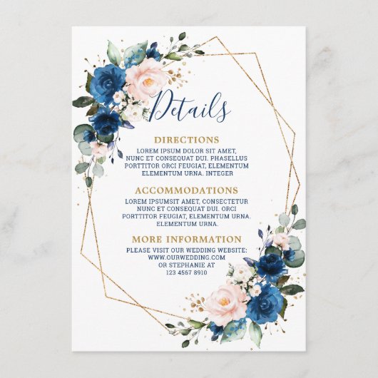 Romantic Navy Blue Blush Floral Geometric Wedding Informatiekaartje (Voorkant)
