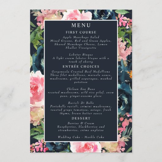 Romantic Navy Blue Blush Pink Floral Menu (Voorkant)