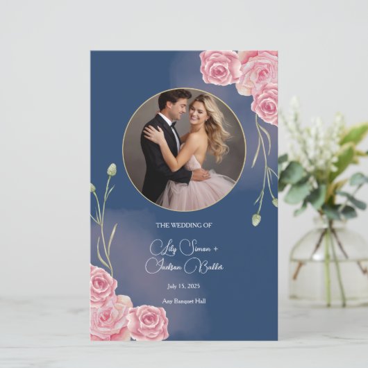 Romantic Navy Blue & Blush Pink Wedding Programme (Debout devant)