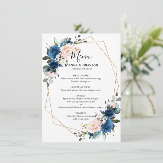 Romantic Navy Blue Blush Roos Menu (Staand voorkant)