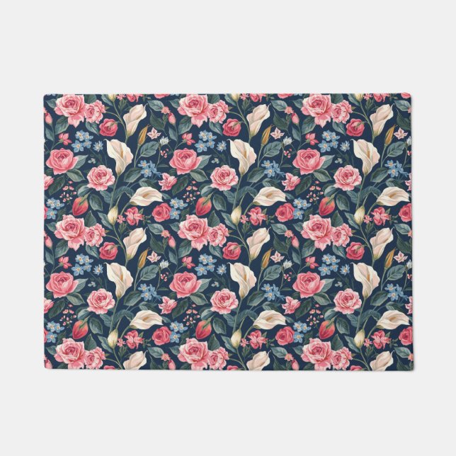 Romantic Navy Blue Floral Garden Pattern Deurmat (Voorkant)