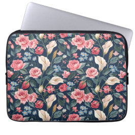 Romantic Navy Blue Floral Garden Pattern Laptop Sleeve
