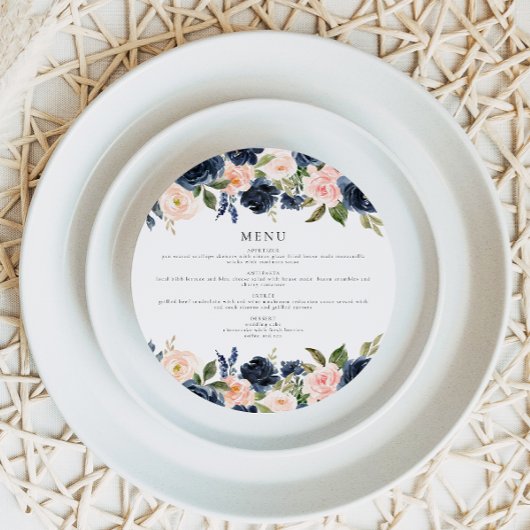 Romantic Navy Blush Floral Circle Diner Carte Menu