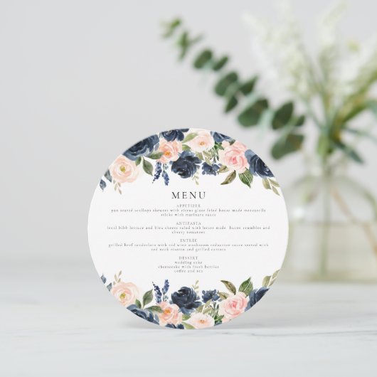 Romantic Navy Blush Floral Circle Diner Carte Menu (Debout devant)