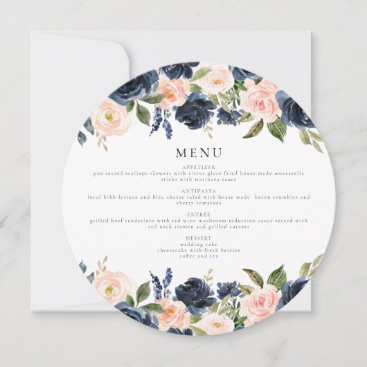Romantic Navy Blush Floral Circle Diner Carte Menu (Devant)
