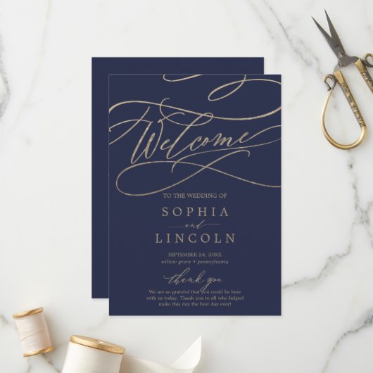 Romantic Navy Calligraphy Flat Wedding Programme Programma (Voorkant / Achterkant in situ)