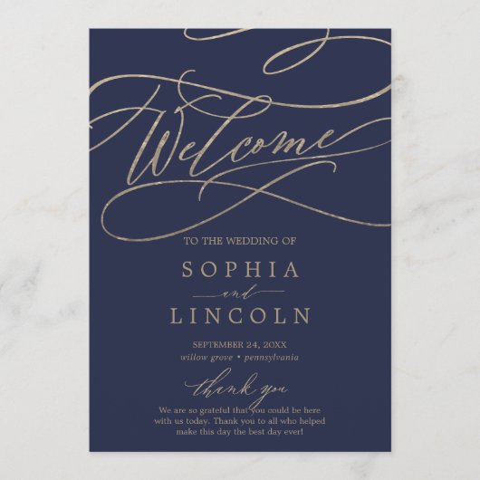 Romantic Navy Calligraphy Flat Wedding Programme Programma (Voorkant)