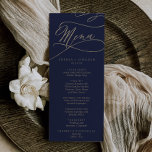 Romantic Navy Calligraphy Mariage Dîner Menu<br><div class="desc">Cette carte romantique calligraphie marine mariage dîner carte est parfait pour un mariage simple. Le design classique moderne comprend des tourbillons fantaisistes et des fleurs fantaisistes avec une magnifique typographie de feuille d'or en faux champagne. Ce menu peut être utilisé pour une réception de mariage, un dîner de répétition ou...</div>