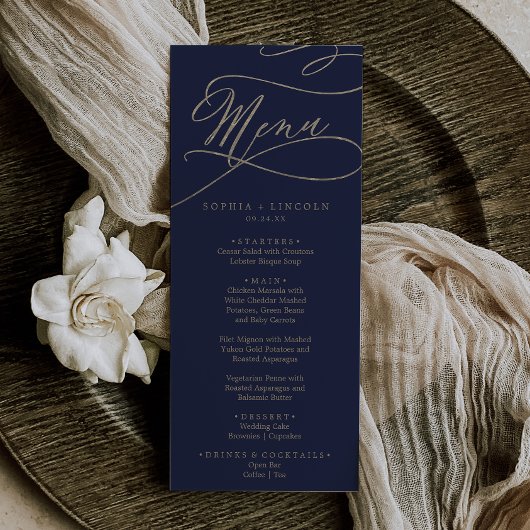 Romantic Navy Calligraphy Mariage Dîner Menu