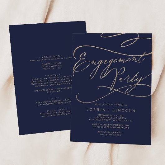 Romantic Navy Front and Back Engagement Party Kaart