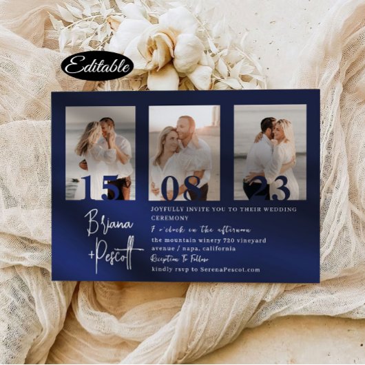 Romantic Navy Photo Collage Wedding Invitation Kaart