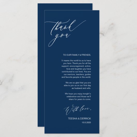 Romantic Navy Script Place Setting Merci Cartes (Devant / Derrière)